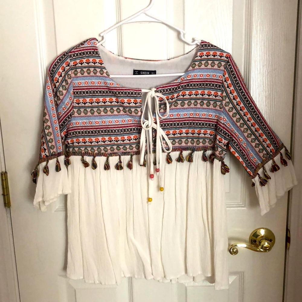 Multicolored embroidered tassel Bohemian top